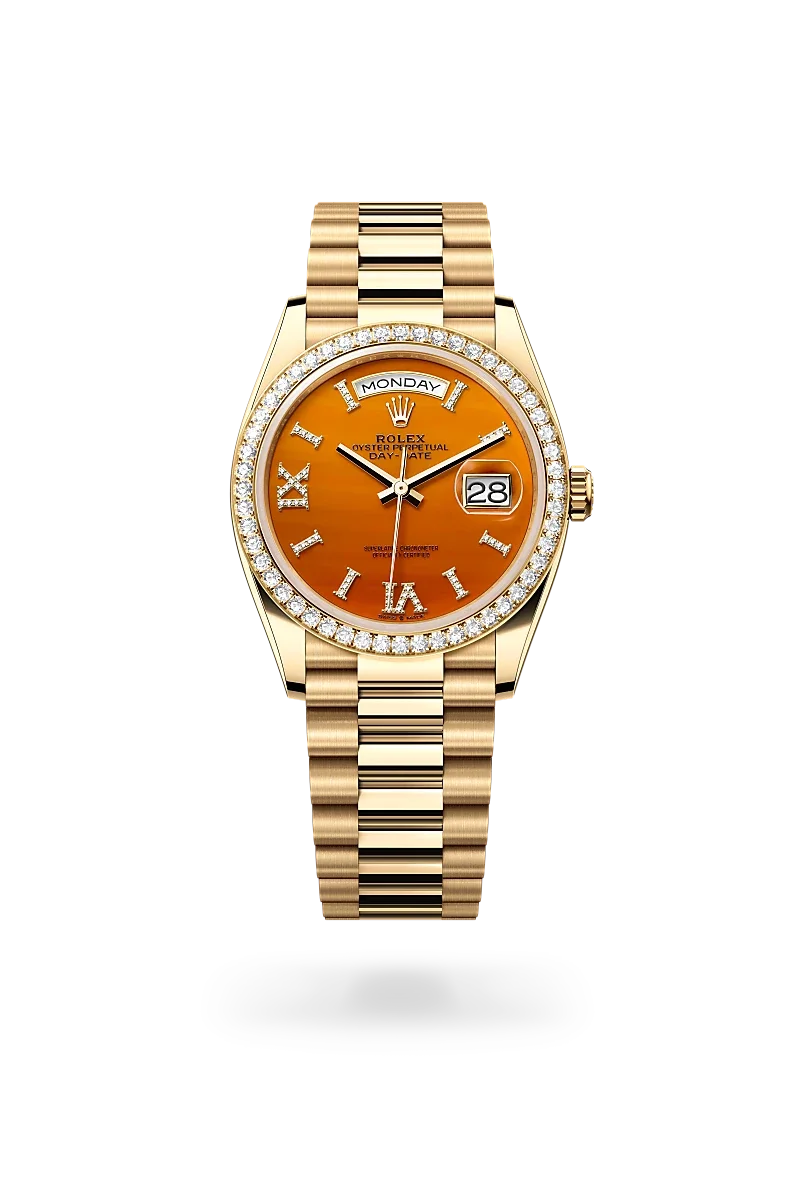 Rolex Day-Date Oyster, 36 mm, Gelbgold mit Diamanten - M128348RBR-0049 at Huber Fine Watches & Jewellery